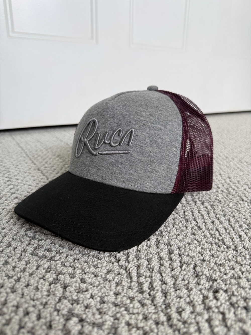 RVCA Grey Front Black Bill Burgundy Mesh Trucker Hat